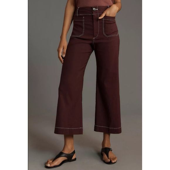 NWT Anthropologie The Colette Cropped Wide Leg Linen Pants Contrast Brown Purple - Picture 1 of 13